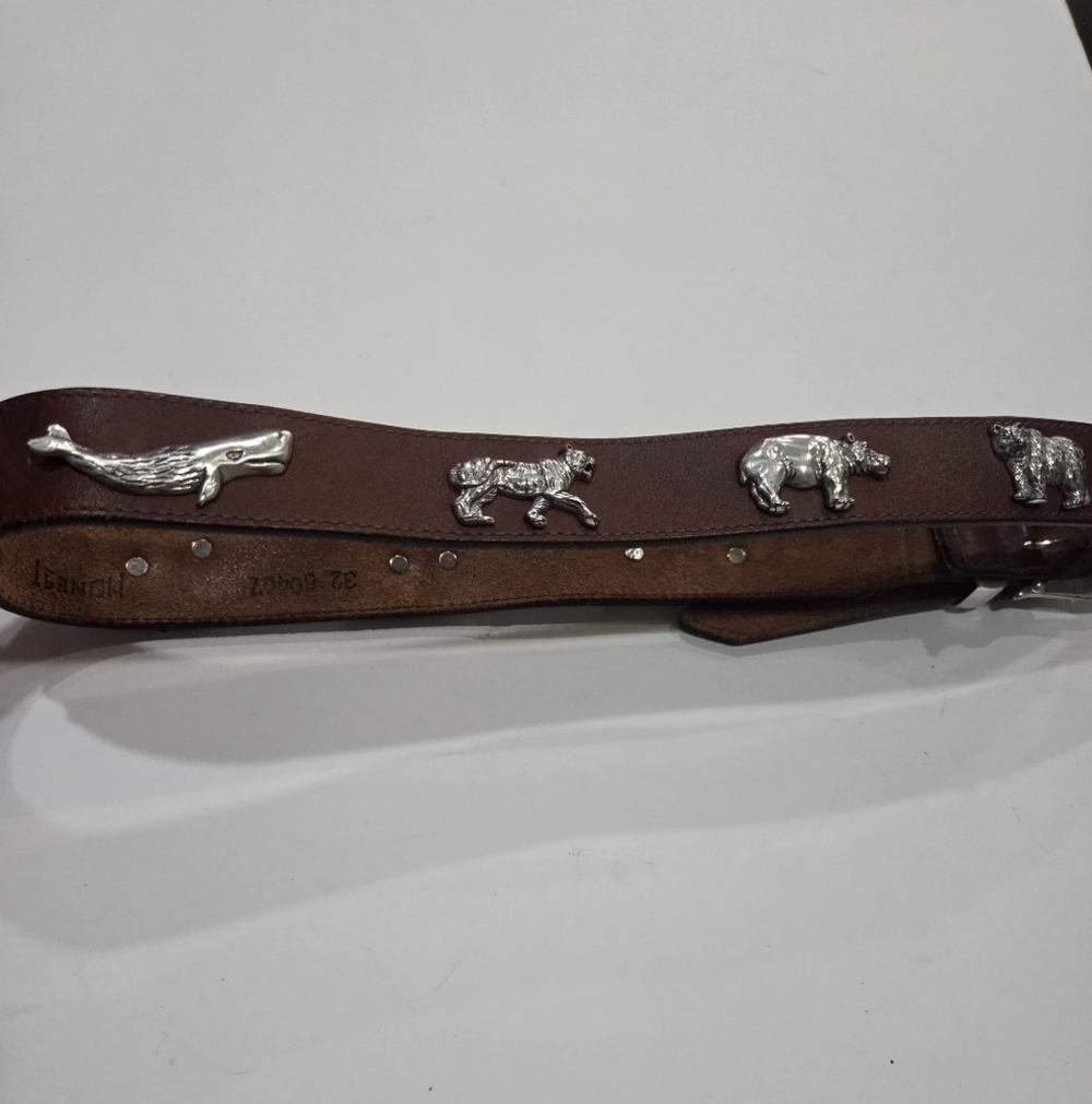 Vtg.Honest Brown Leather Men's Belt With Metal Animals Sz.32 - Picture 3 of 5